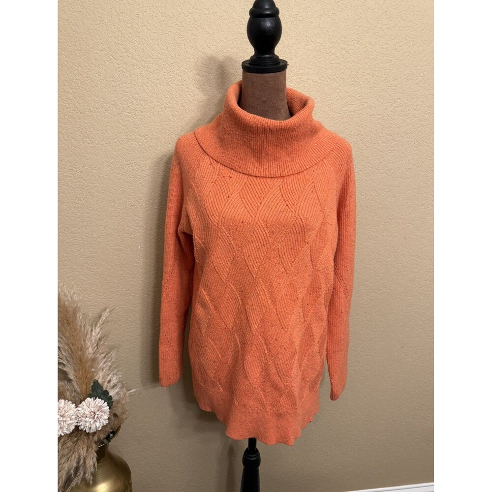 Orange Cable-Knit Turtleneck Pullover Sweater Long Sleeve Solid Women's Regular